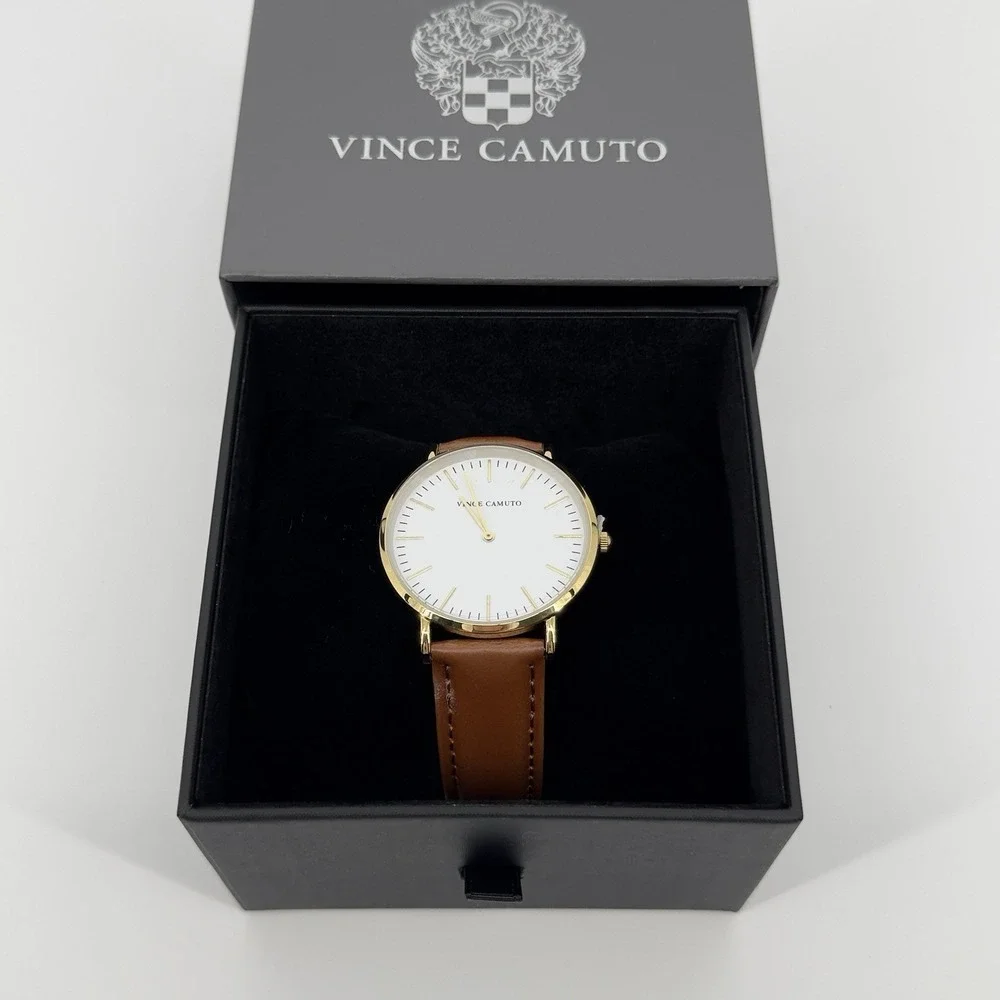 Vince Camuto Men's Watch VC2527M Gold Tone White Dial Brown Leather Classic New